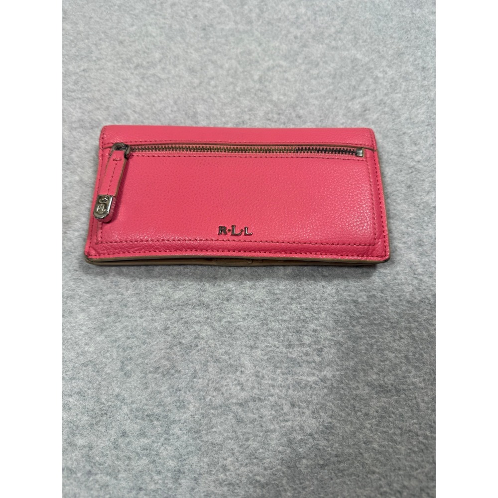 Lauren Ralph Lauren Pink Pebbled Leather Slim Bifold Wallet ID Window Zip Pocket